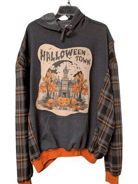 Upcycled Halloween Hoodie 🎃 Flannel Sleeve Sweatshirt 2XL